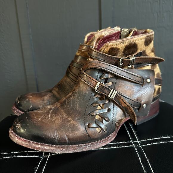 Freebird Belfast Leather Calf Hair Leopard Brown Strappy Buckle Boots Size 8 - Picture 10 of 10